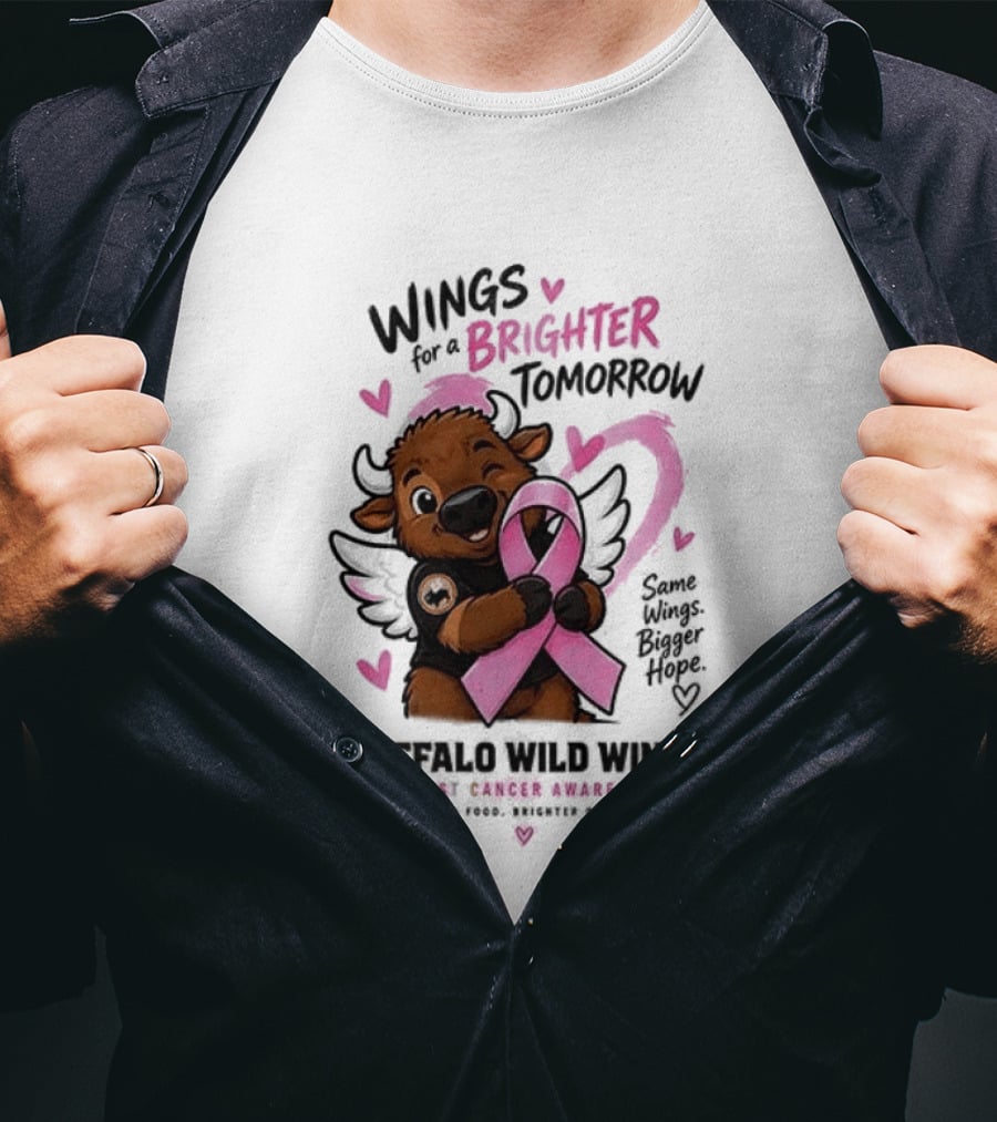 Wings For A Brighter Tomorrow Buffalo Wild Wings Breast Cancer Awareness Pink Ribbon Hearts T-Shirt