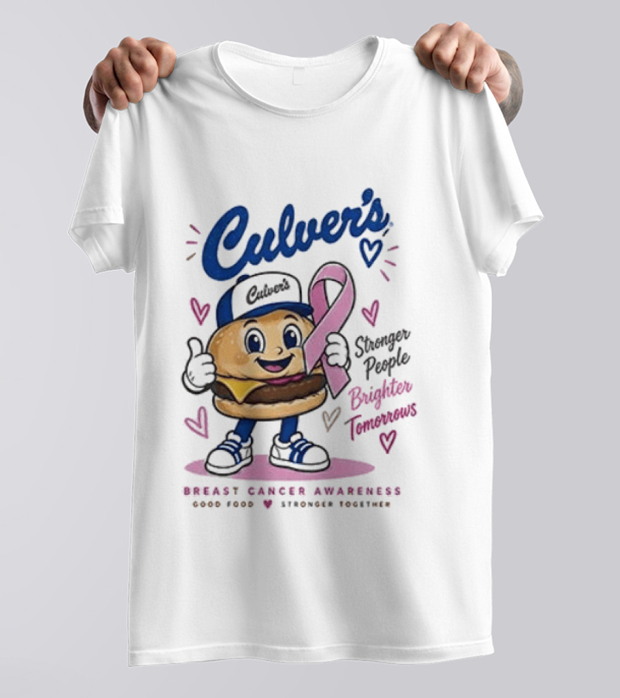 Culver's Breast Cancer Awareness Stronger People Brighter Tomorrows Burger Character With Pink Ribbon T-Shirt