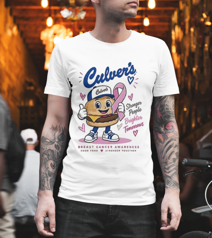 Culver's Breast Cancer Awareness Stronger People Brighter Tomorrows Burger Character With Pink Ribbon T-Shirt