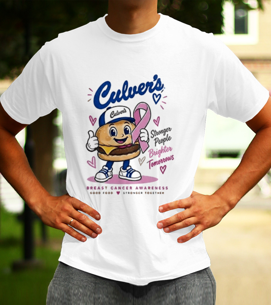 Culver's Breast Cancer Awareness Stronger People Brighter Tomorrows Burger Character With Pink Ribbon T-Shirt