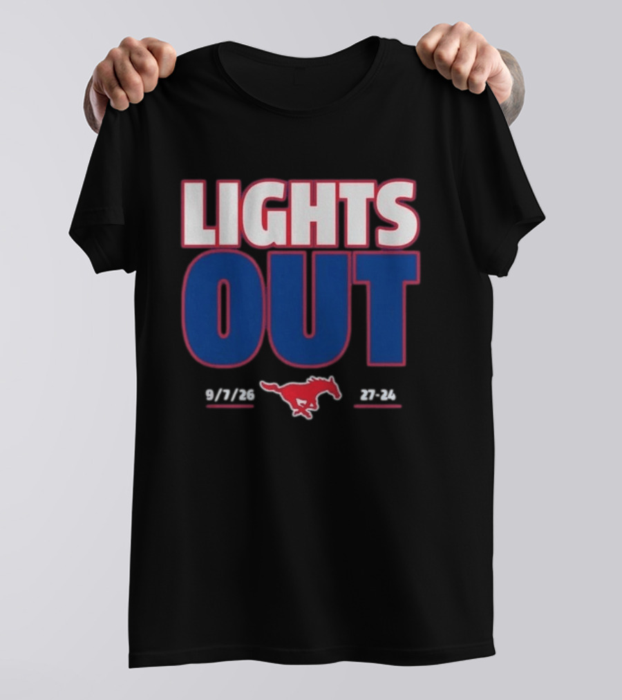 SMU Mustangs Football Lights Out 9 7 26 27 24 T-Shirt
