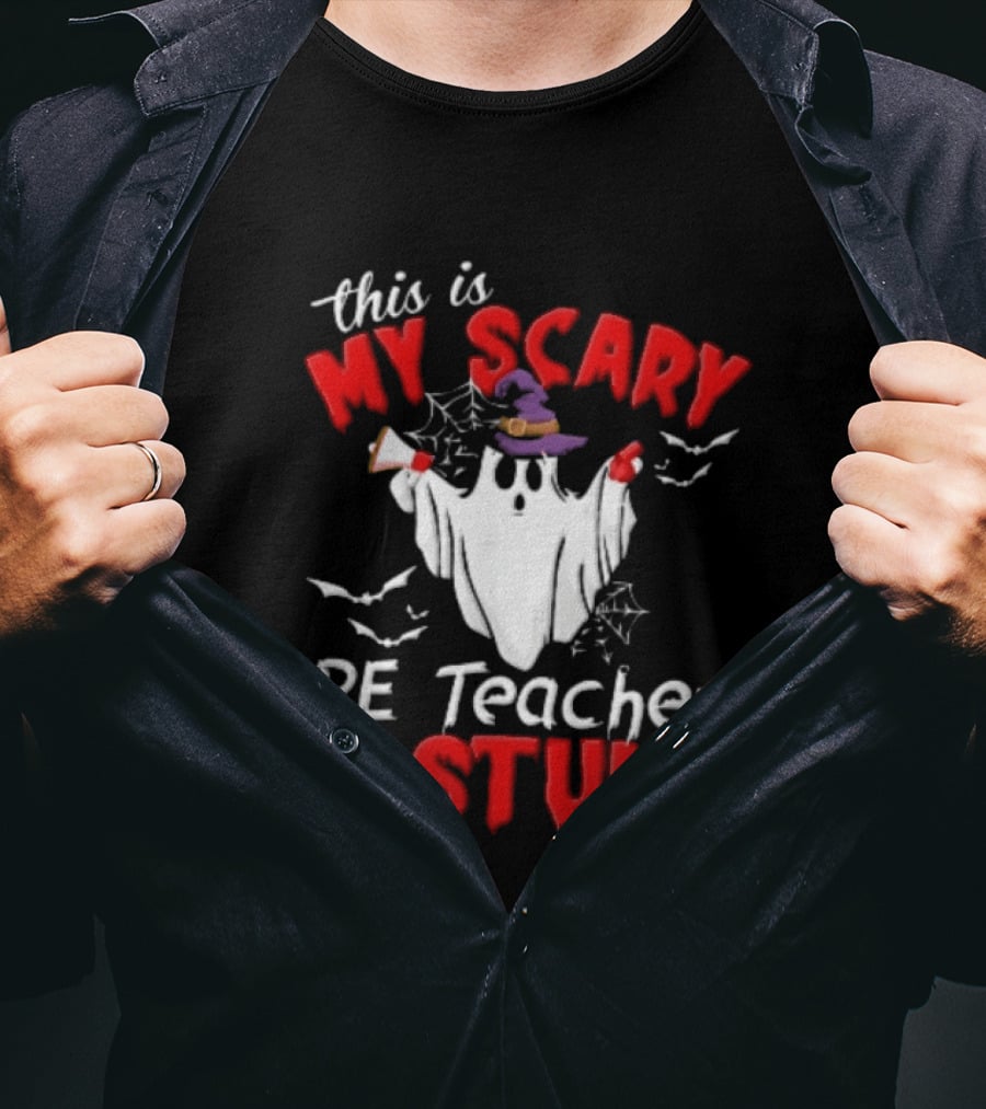 Scary PE Teacher Costume Ghost Witch Hat Whistle Megaphone Halloween T-Shirt