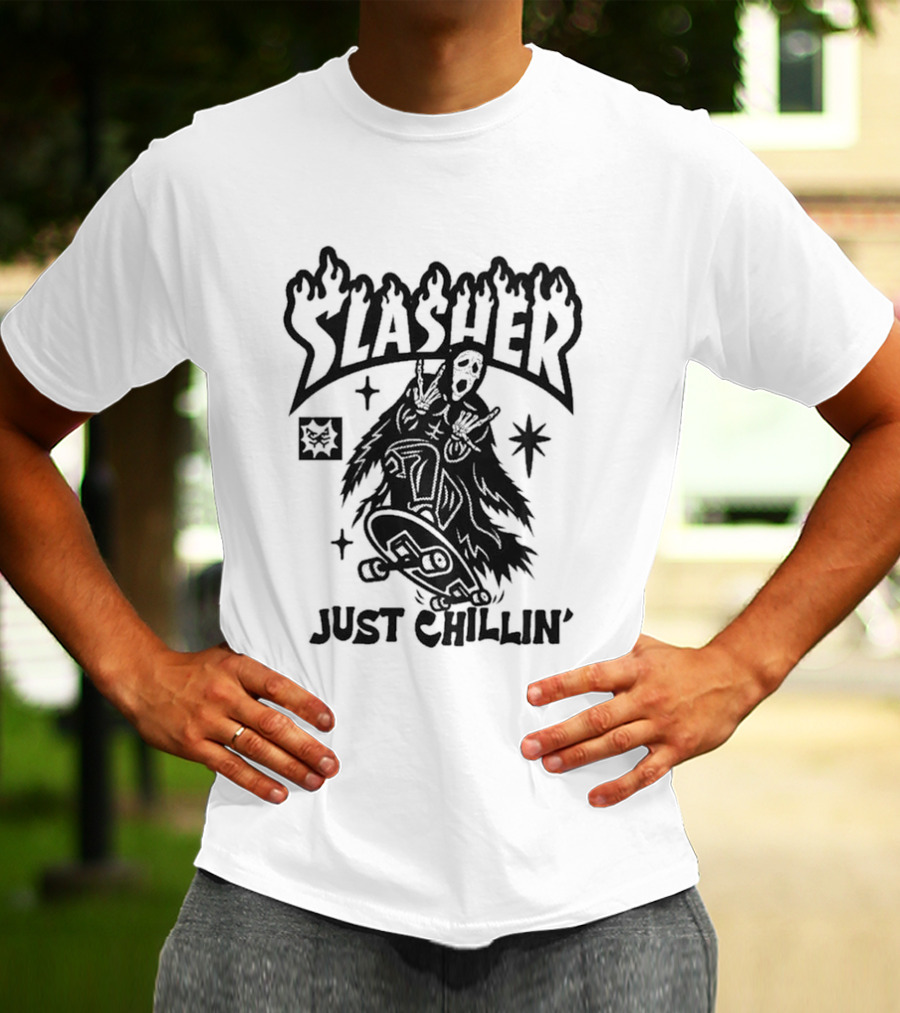 Slasher Just Chillin' Ghostface Skateboard Scream Horror T-Shirt