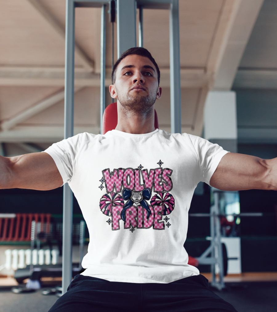 Wolves Pride Pink Checkered Cheerleading Pompoms And Wolf Bow T-Shirt