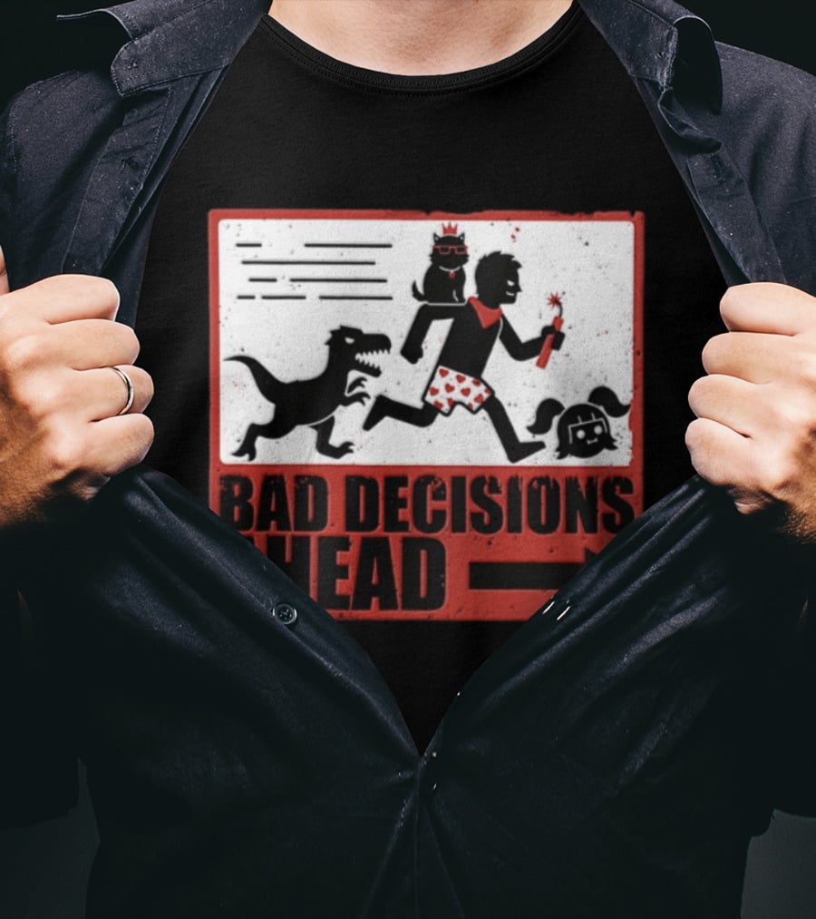 Bad Decisions Ahead Running From Dinosaur Distressed Humor T-Shirt