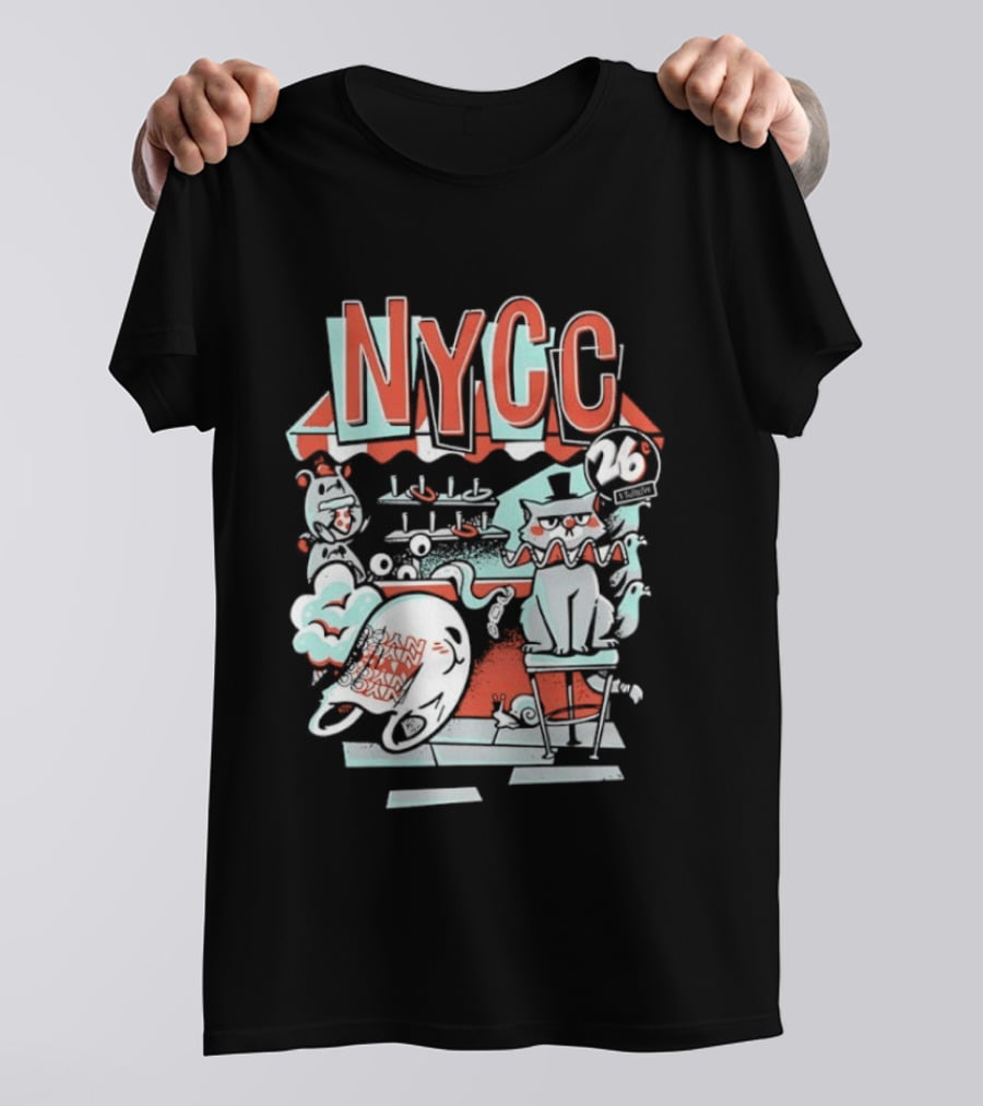 NYCC 26 Cent 1 Throw Carnival Cat Retro Style Comic Fairground Fun T-Shirt