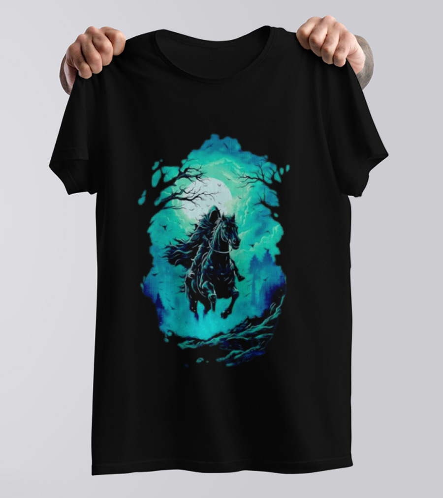 Headless Horseman Eerie Night Ride Through Spooky Forest T-Shirt