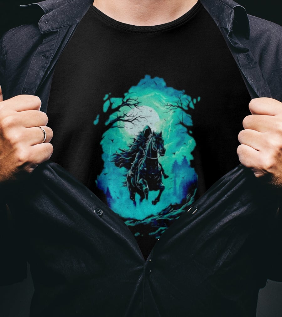 Headless Horseman Eerie Night Ride Through Spooky Forest T-Shirt