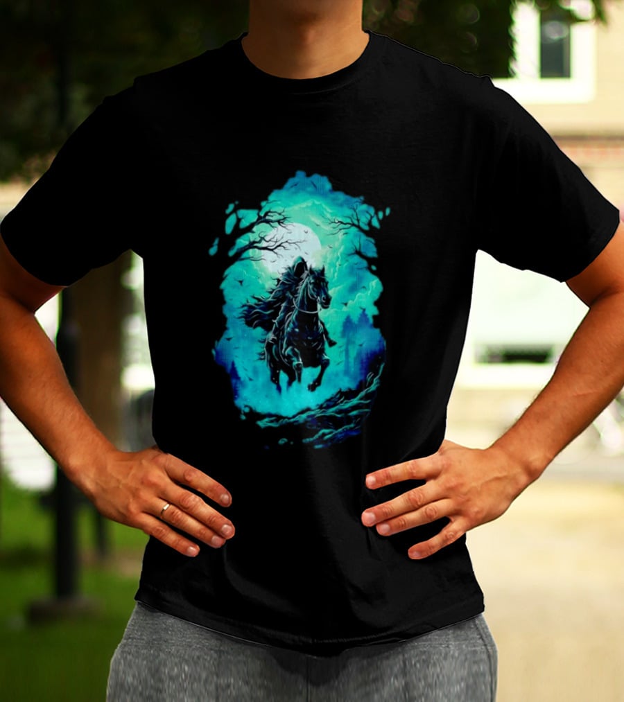 Headless Horseman Eerie Night Ride Through Spooky Forest T-Shirt