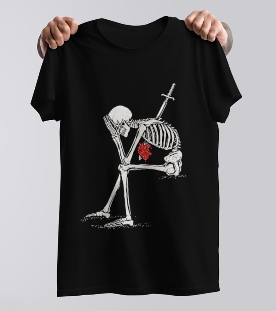 Sad Skeleton With Sword And Bleeding Heart Drawing T-Shirt
