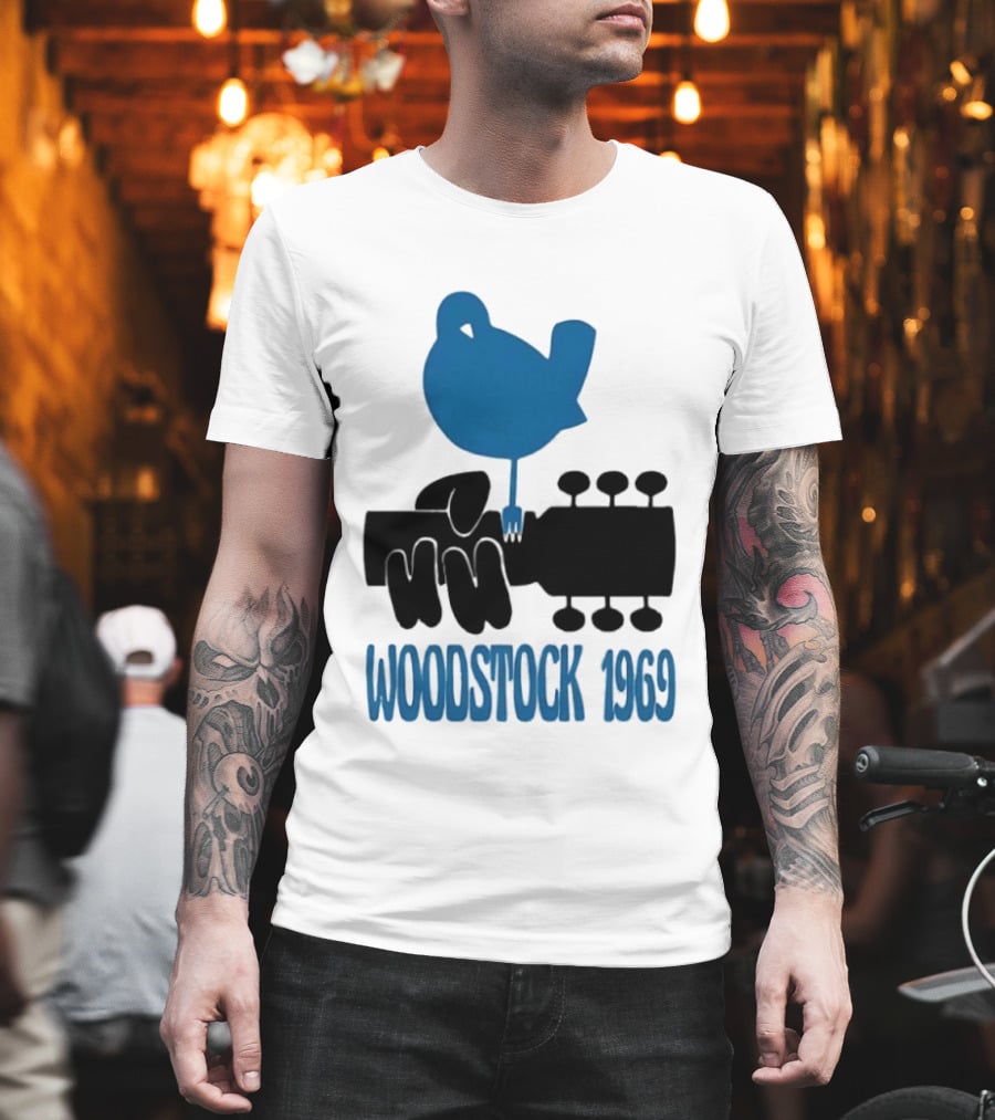 Woodstock 1969 Music Festival Bird On Guitar Neck T-Shirt
