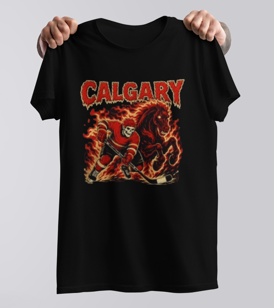 Calgary Flames Skeleton Hockey Player With Fiery Horse T-Shirt