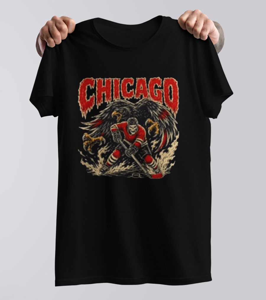 Chicago Blackhawks Skeleton Hockey Player With Hawk Wings T-Shirt