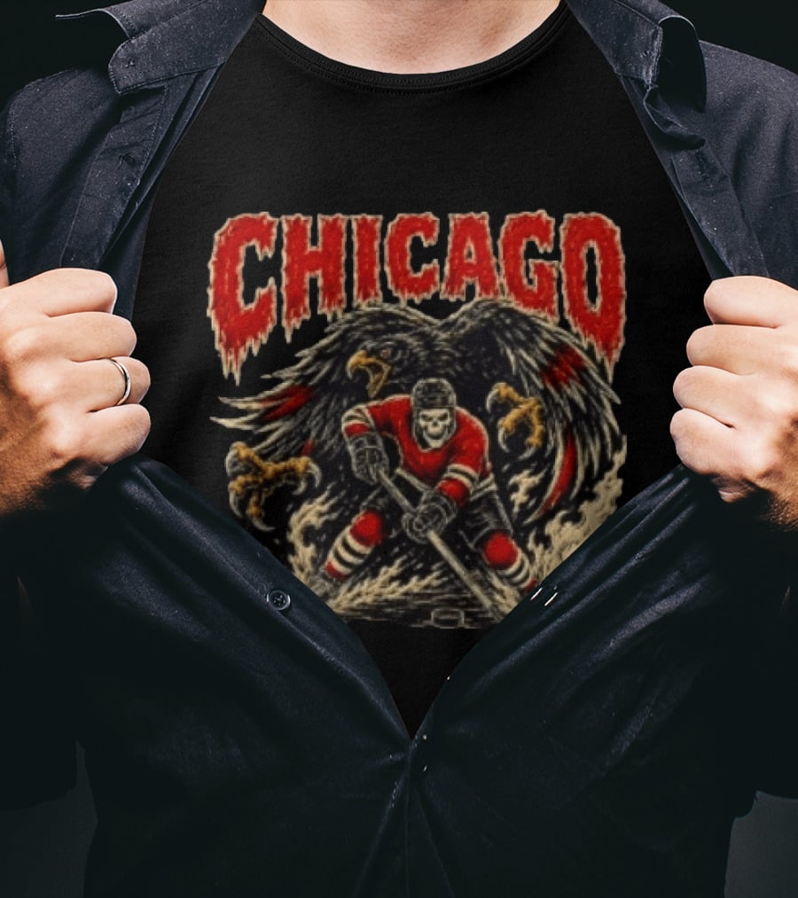 Chicago Blackhawks Skeleton Hockey Player With Hawk Wings T-Shirt