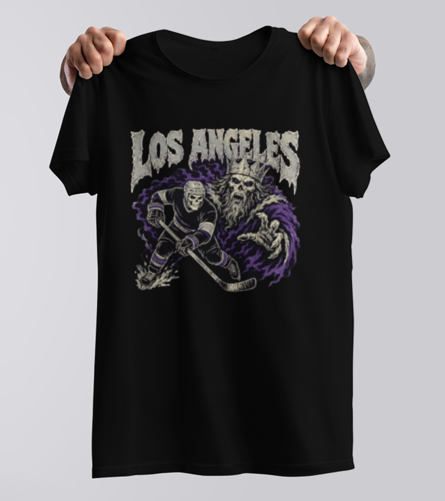 Los Angeles Kings Skeleton Hockey Player With Crowned King In Purple Cloak T-Shirt