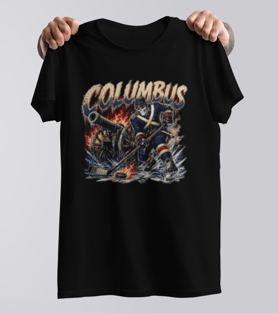 Columbus Blue Jackets Skeleton Hockey Player With Cannon And Ice T-Shirt
