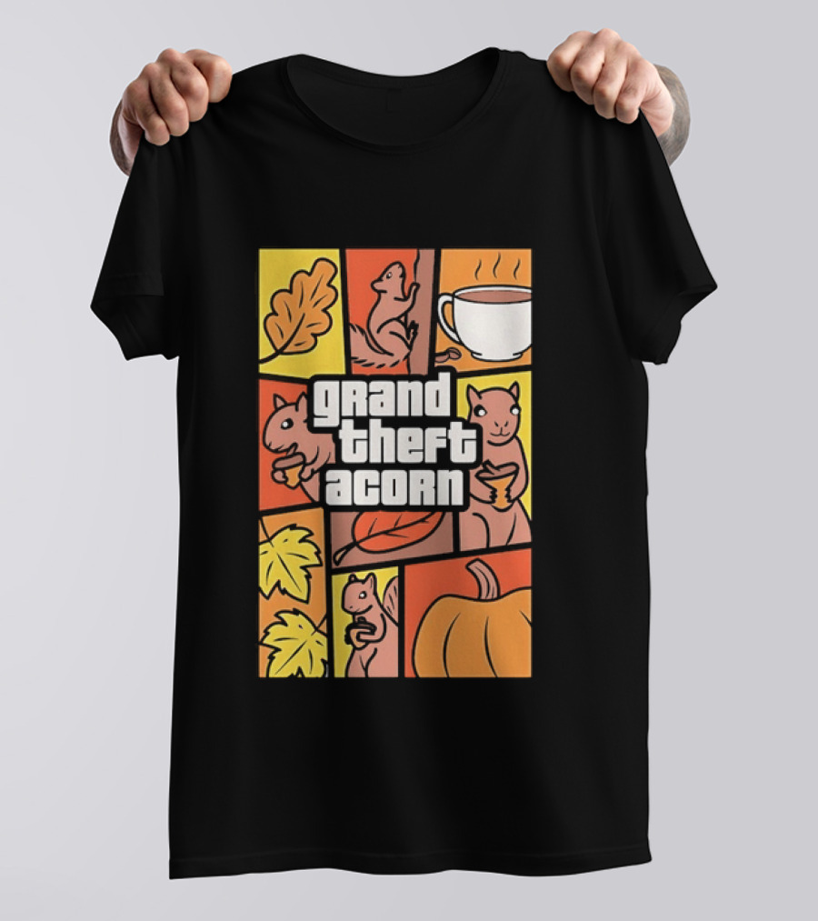 Grand Theft Acorn Autumn Squirrel Coffee Pumpkin Leaves T-Shirt