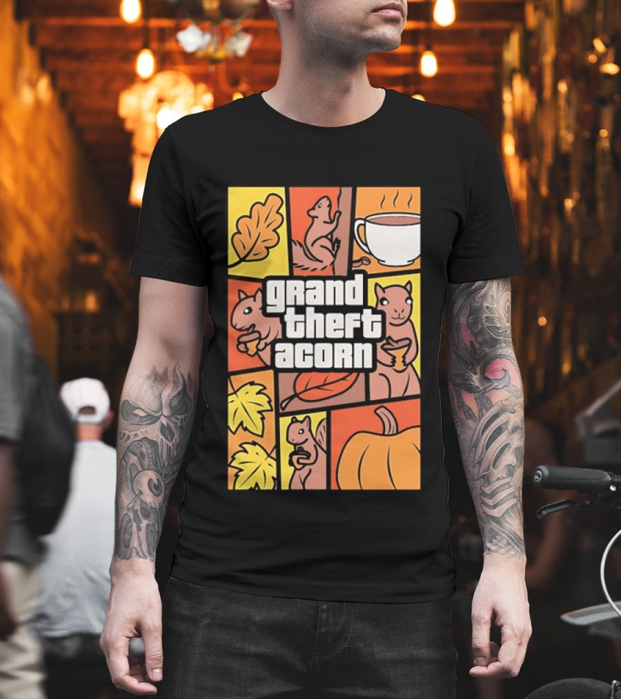 Grand Theft Acorn Autumn Squirrel Coffee Pumpkin Leaves T-Shirt
