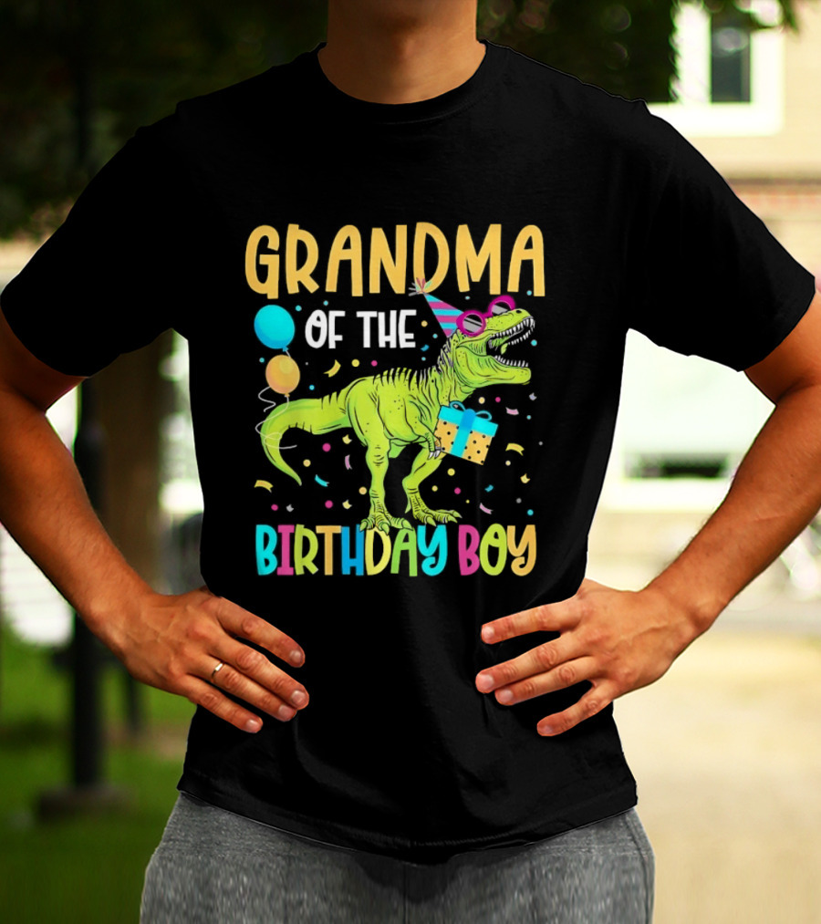 Grandma Of The Birthday Boy Dinosaur Party Balloons And Gift Celebration T-Shirt