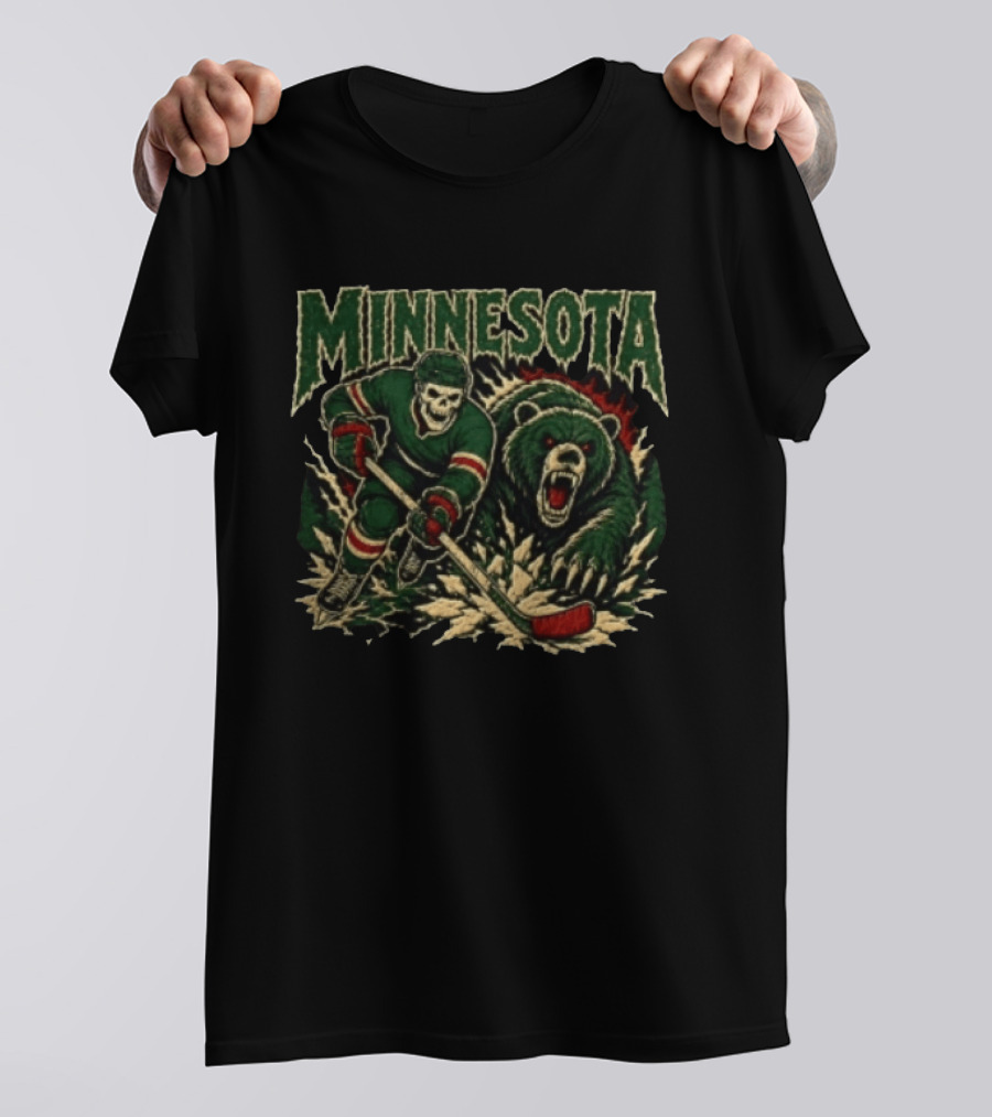 Minnesota Hockey Skeleton With Bear T-Shirt