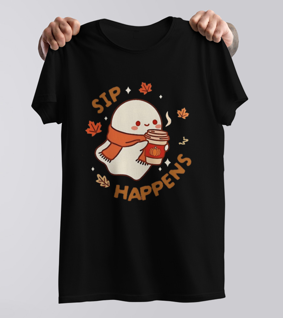 Sip Happens Ghost Pumpkin Spice Latte With Leaves And Scarf T-Shirt