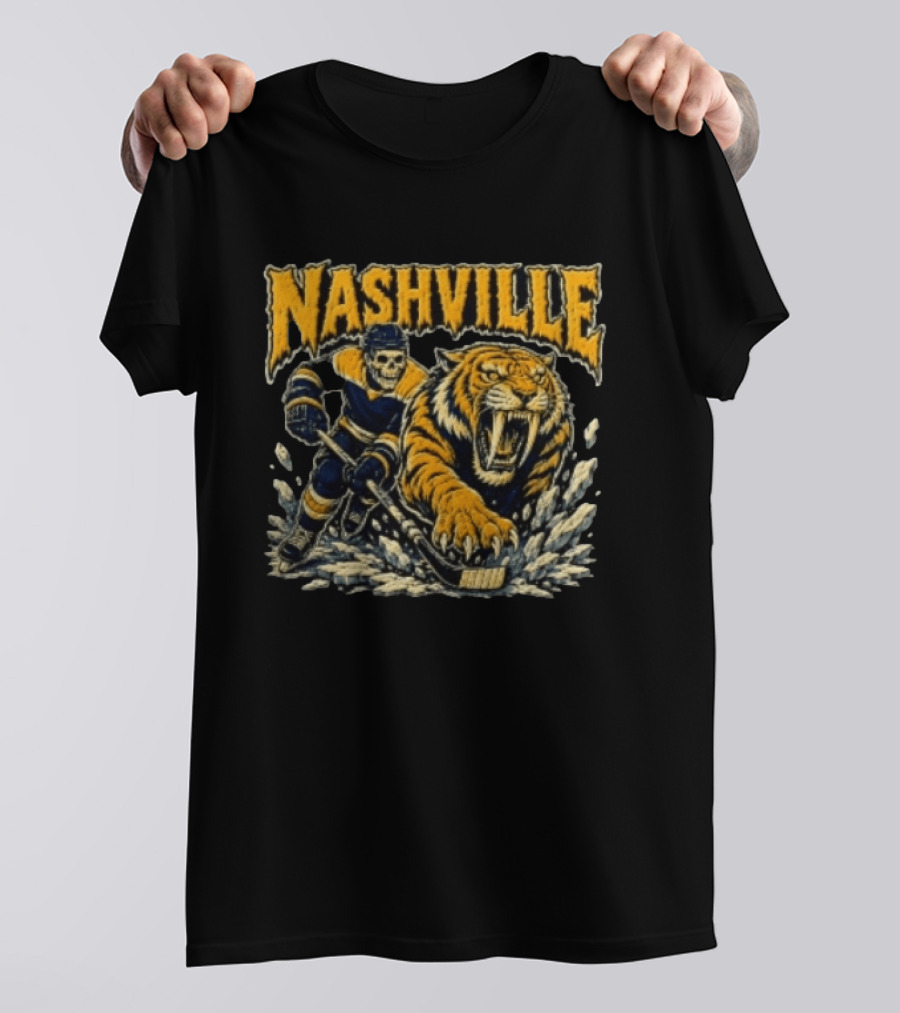 Nashville Hockey Skeleton Player With Fierce Tiger T-Shirt