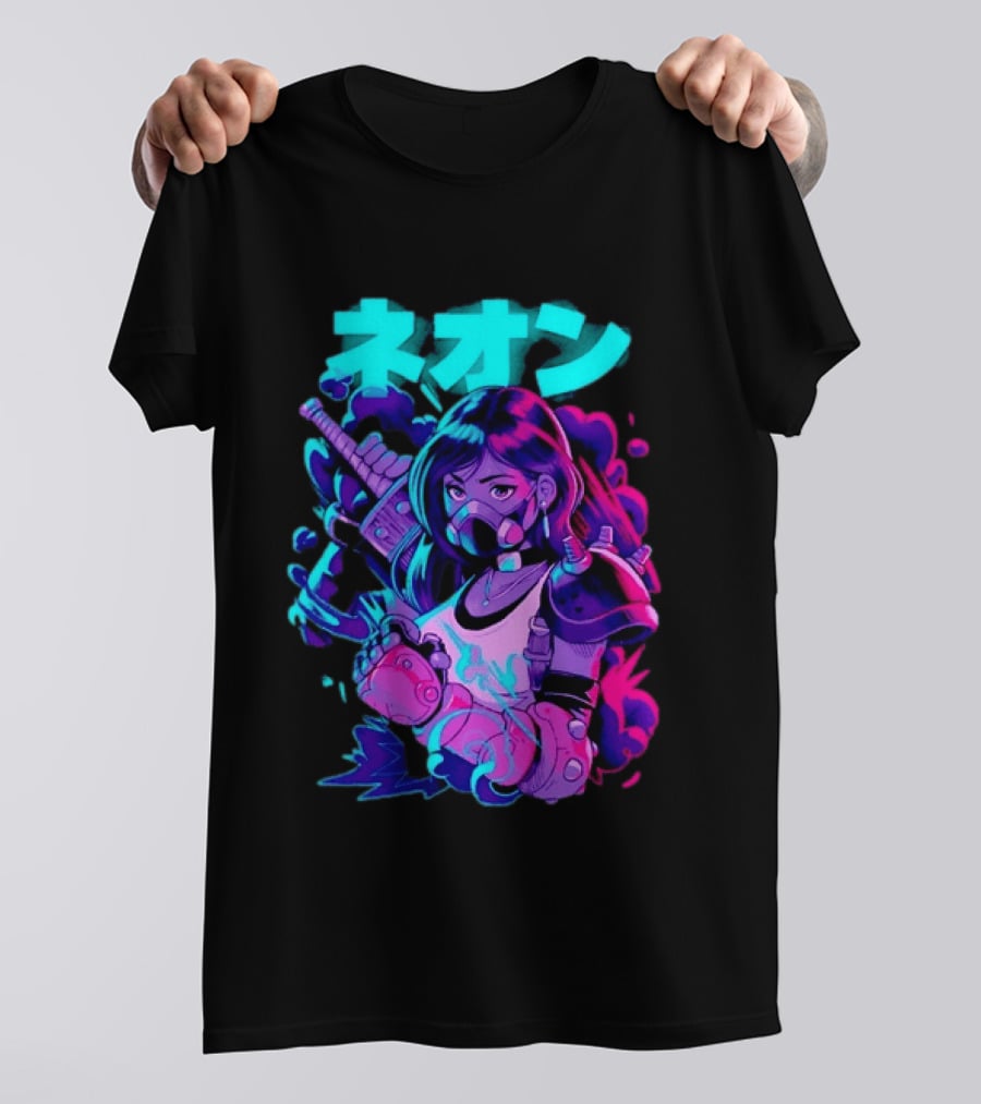 Neon Cyberpunk Anime Warrior Girl Futuristic Vaporwave Aesthetic T-Shirt