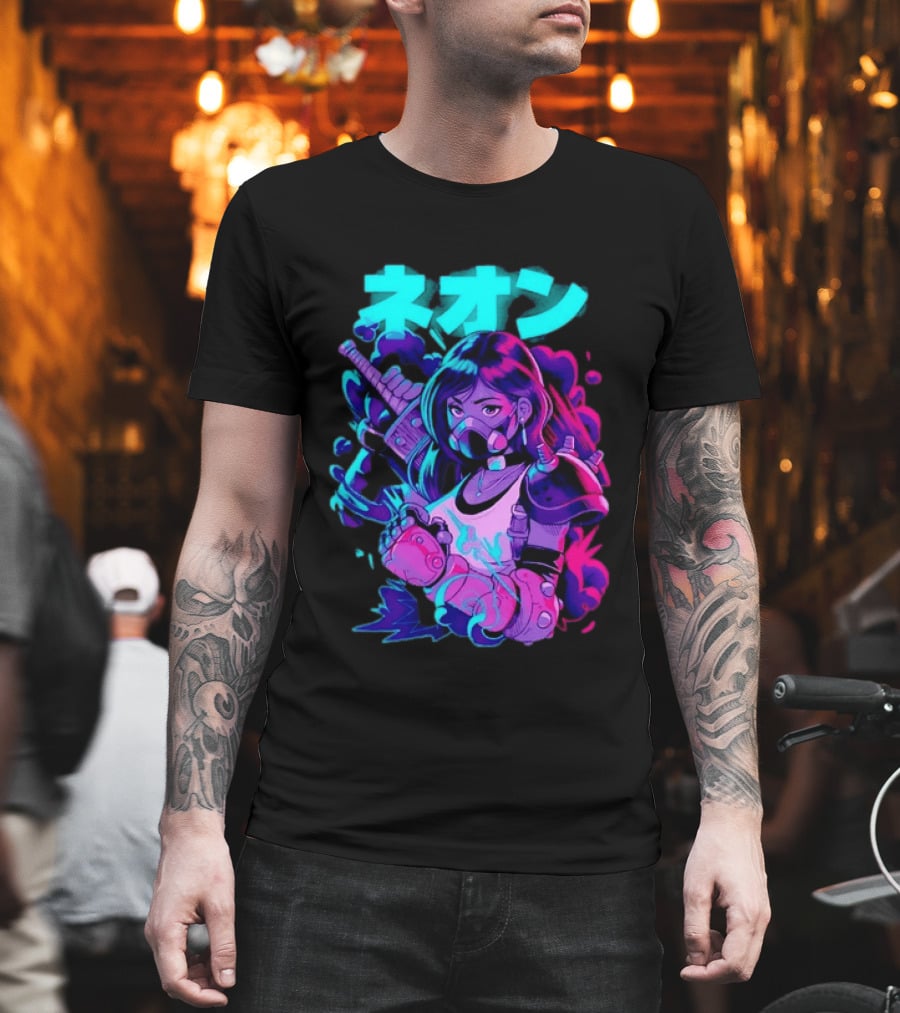 Neon Cyberpunk Anime Warrior Girl Futuristic Vaporwave Aesthetic T-Shirt
