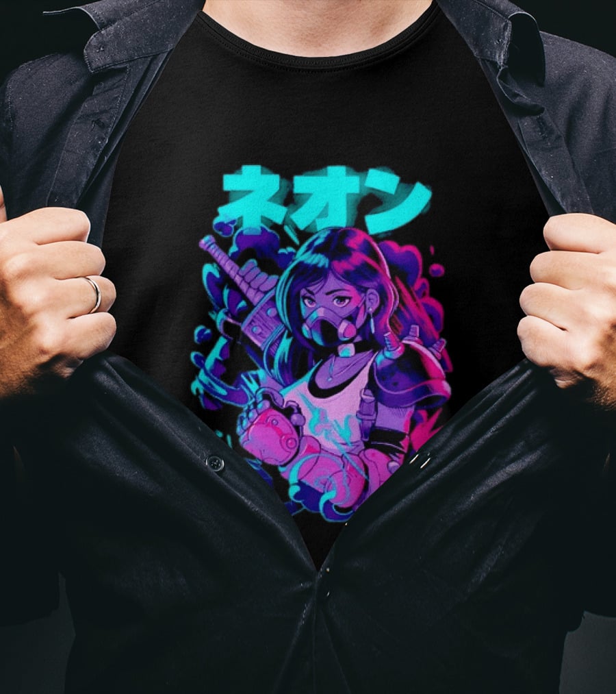 Neon Cyberpunk Anime Warrior Girl Futuristic Vaporwave Aesthetic T-Shirt