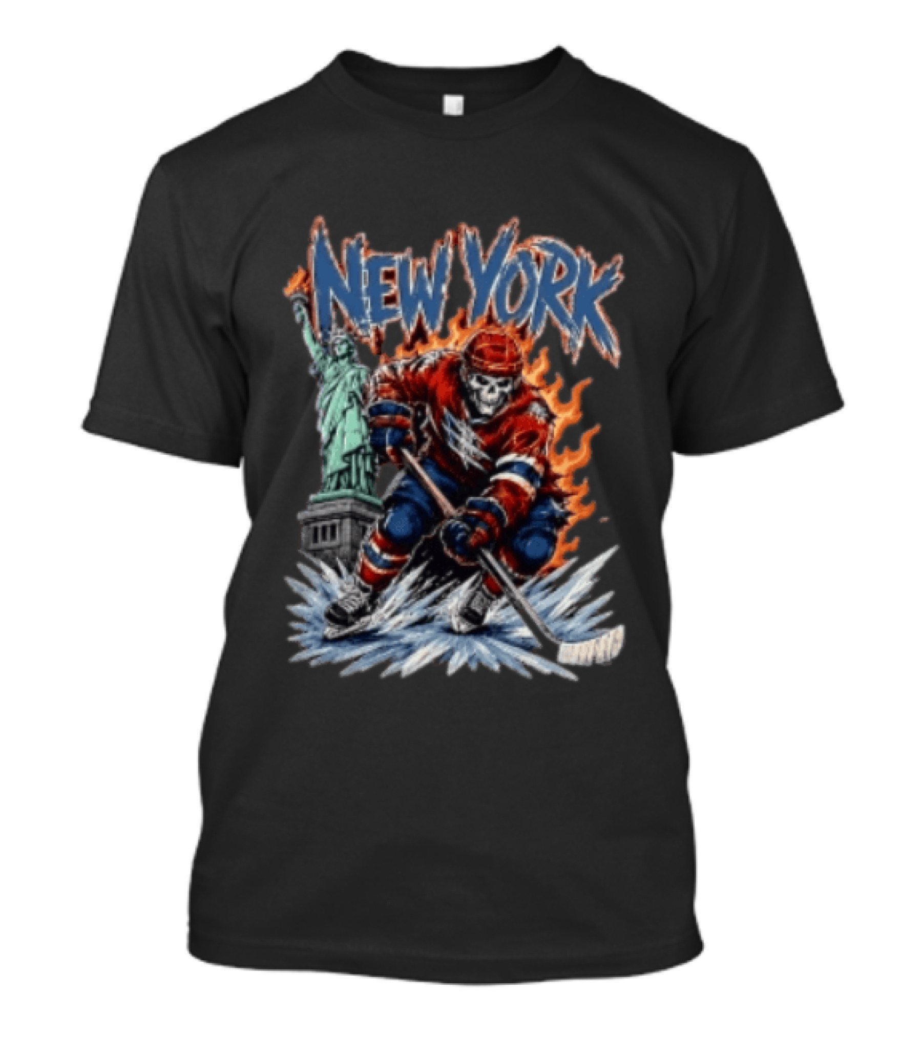 New York Rangers Skeleton Hockey Player Statue Of Liberty Flames T-Shirt