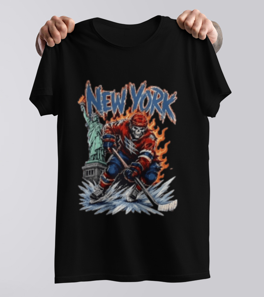 New York Rangers Skeleton Hockey Player Statue Of Liberty Flames T-Shirt