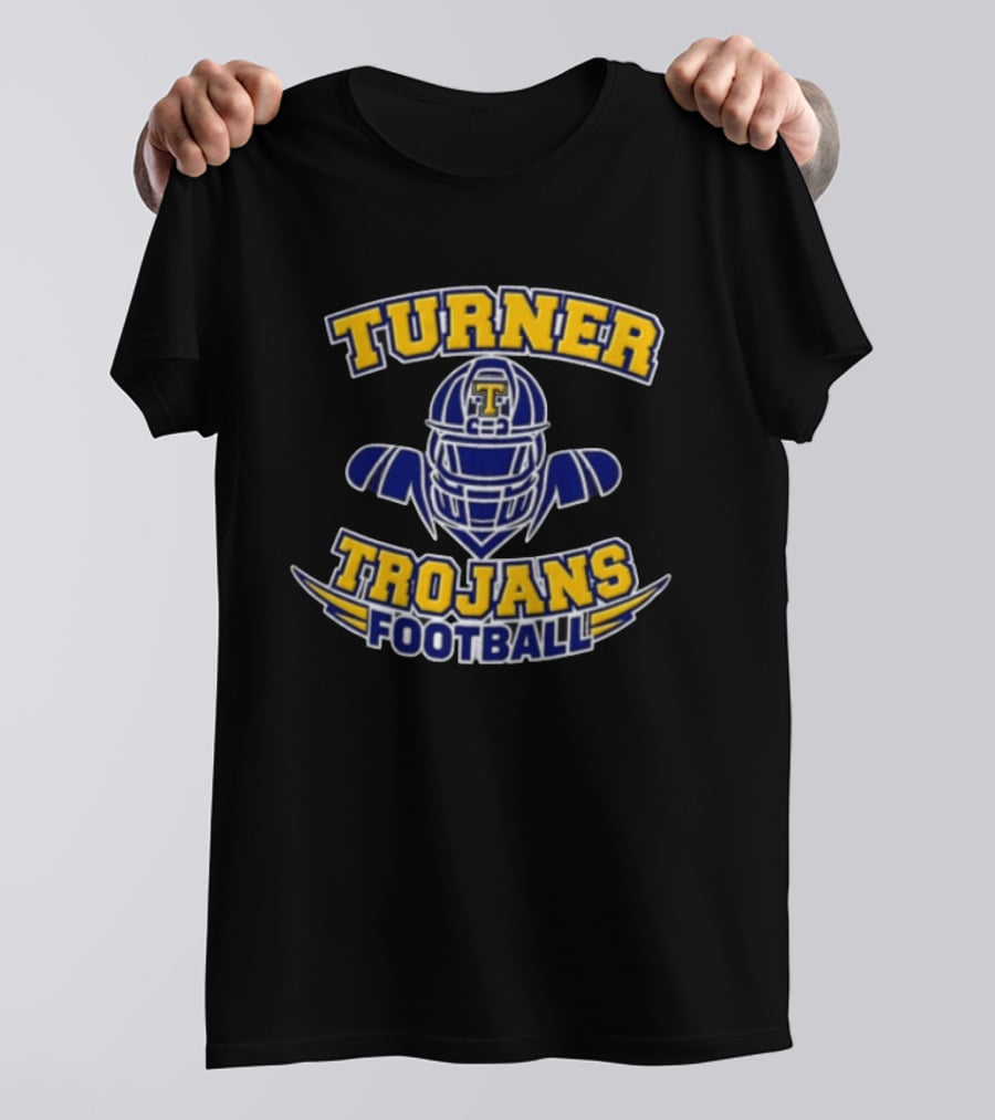 Turner Trojans Football Yellow Navy Helmet Shoulder Pads Gridiron T-Shirt