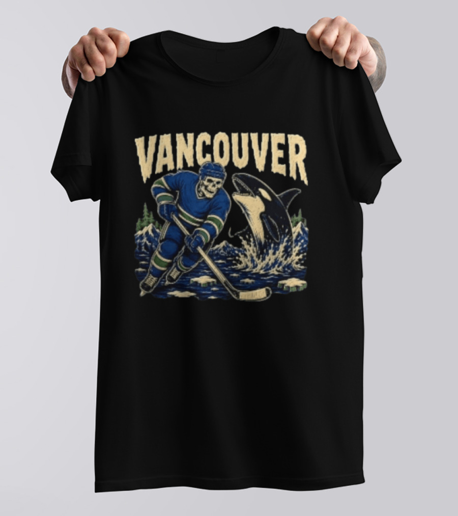 Vancouver Canucks Hockey Skeleton Player With Orca T-Shirt