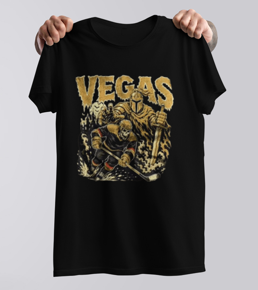 Vegas Golden Knights Skeleton Hockey Player With Knight And Sword T-Shirt