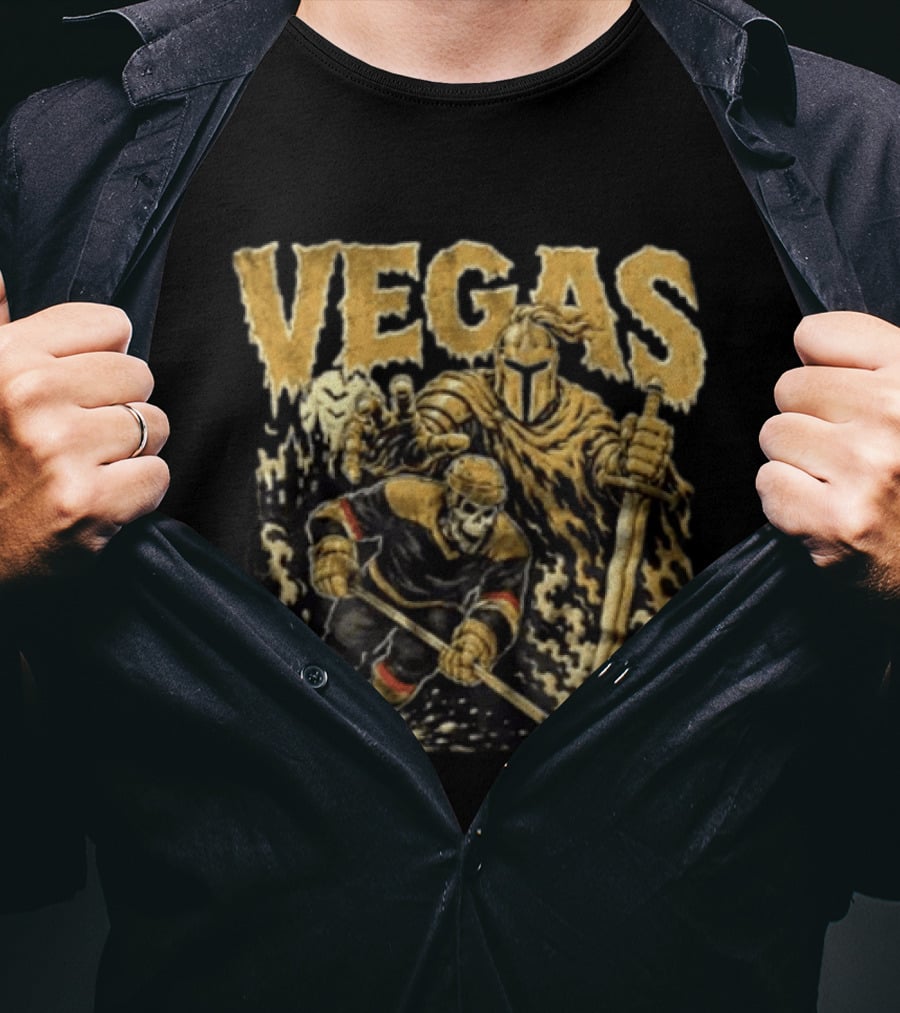 Vegas Golden Knights Skeleton Hockey Player With Knight And Sword T-Shirt