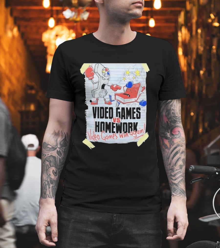 Video Games Vs Homework Video Games Win Again Math Battle Sketch T-Shirt