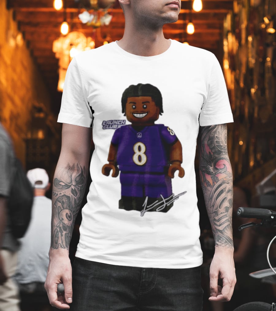 Baltimore Ravens Lamar Jackson Lego Minifigure Purple Jersey Number 8 T-Shirt