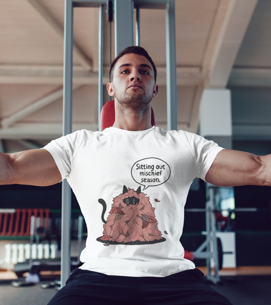 Sitting Out Mischief Season Cat Autumn Leaves T-Shirt