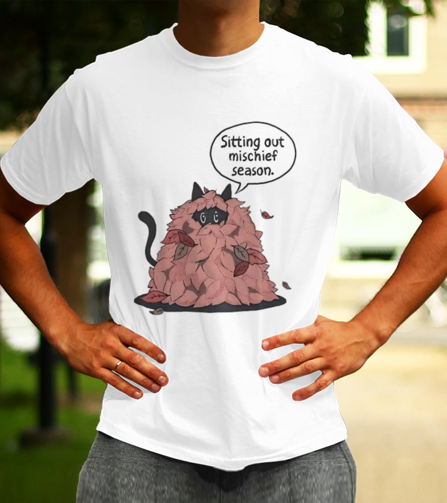 Sitting Out Mischief Season Cat Autumn Leaves T-Shirt