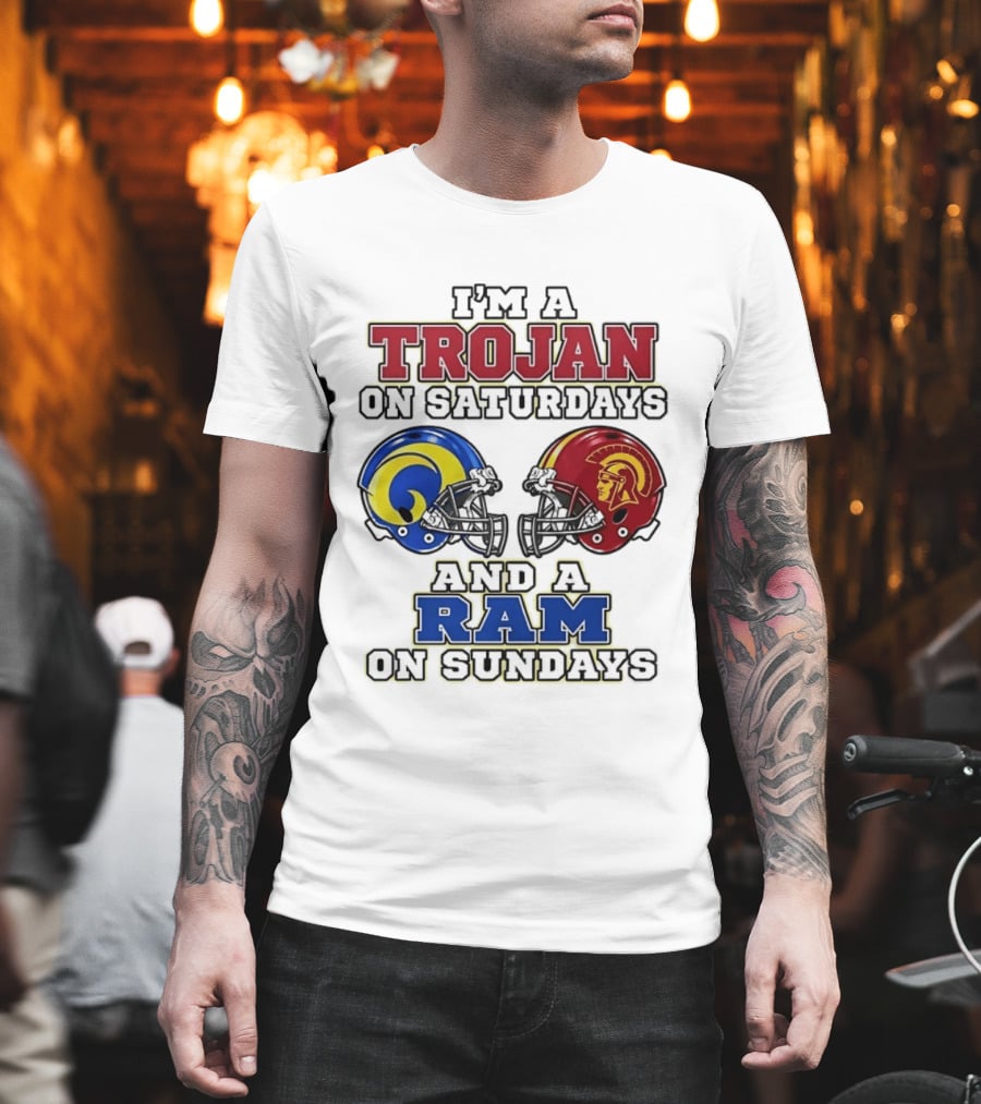 Trojan On Saturdays USC And Ram On Sundays Football Fan Helmet T-Shirt