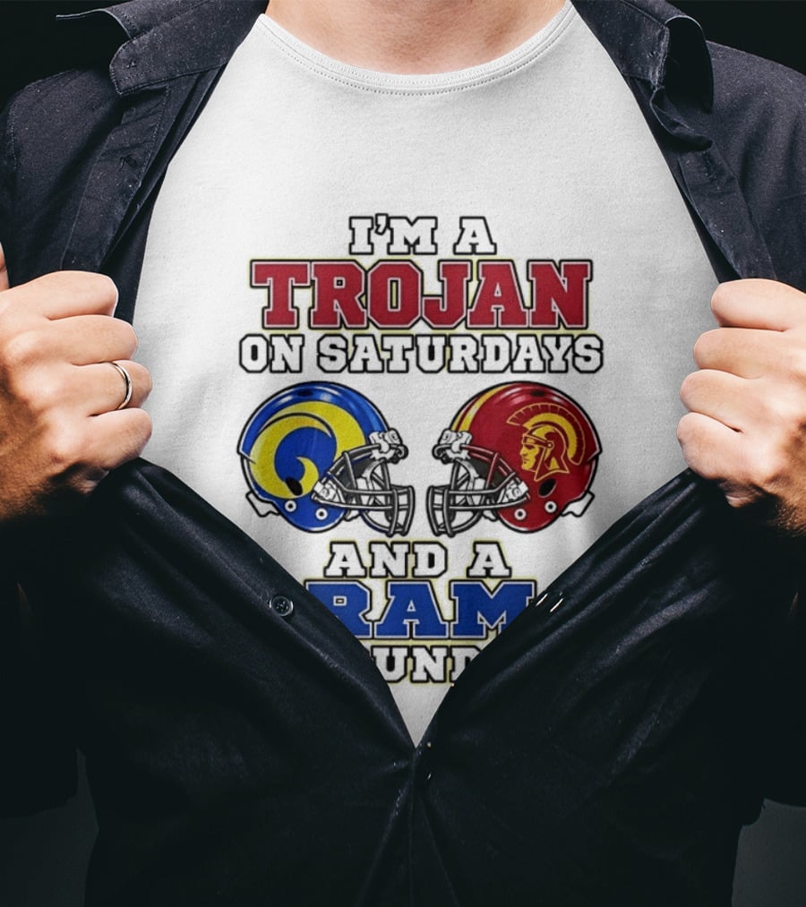 Trojan On Saturdays USC And Ram On Sundays Football Fan Helmet T-Shirt