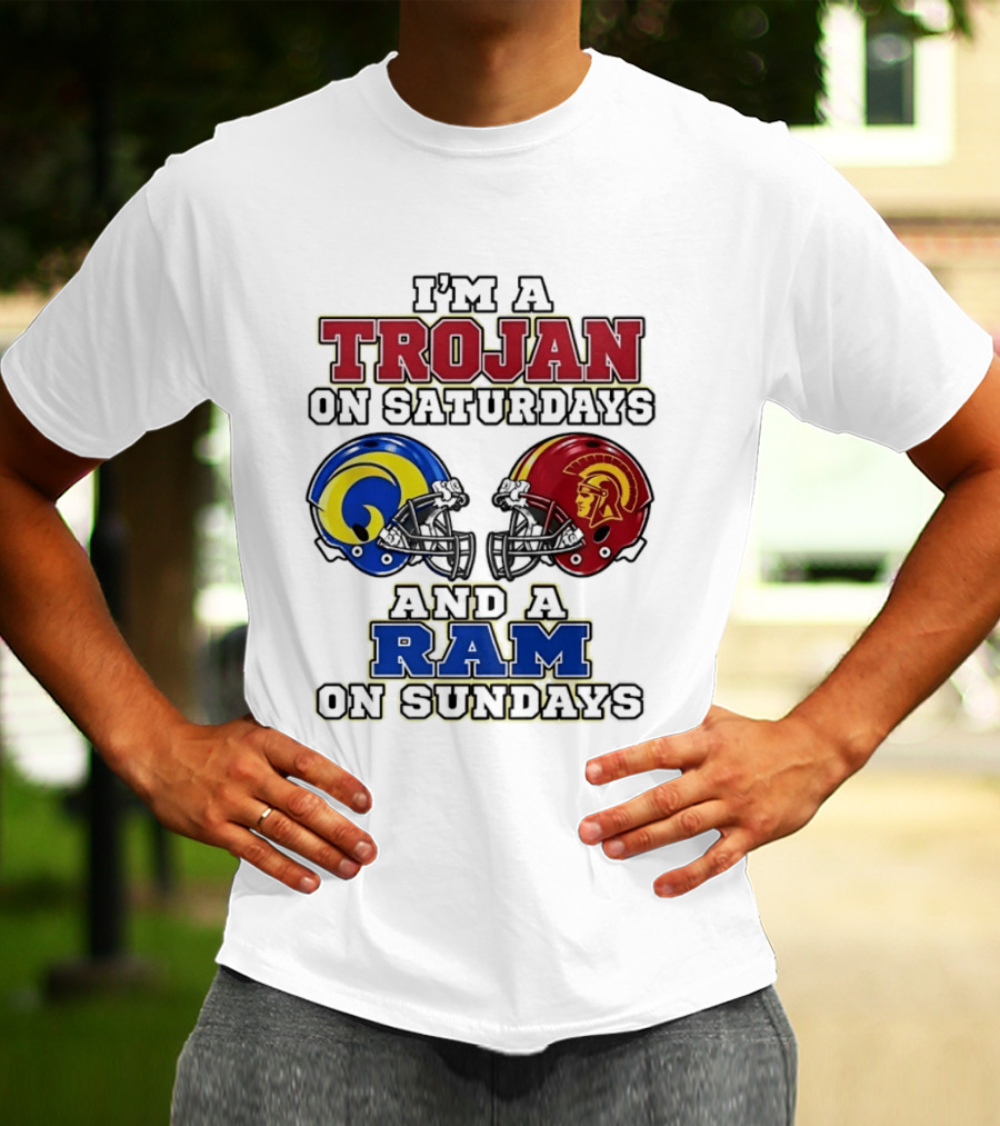 Trojan On Saturdays USC And Ram On Sundays Football Fan Helmet T-Shirt