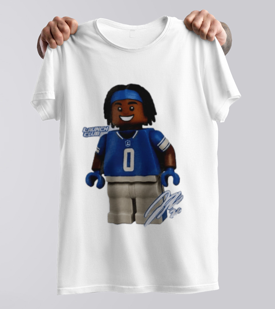 Detroit Lions Jahmyr Gibbs Lego Minifigure Launch Club Football Player T-Shirt