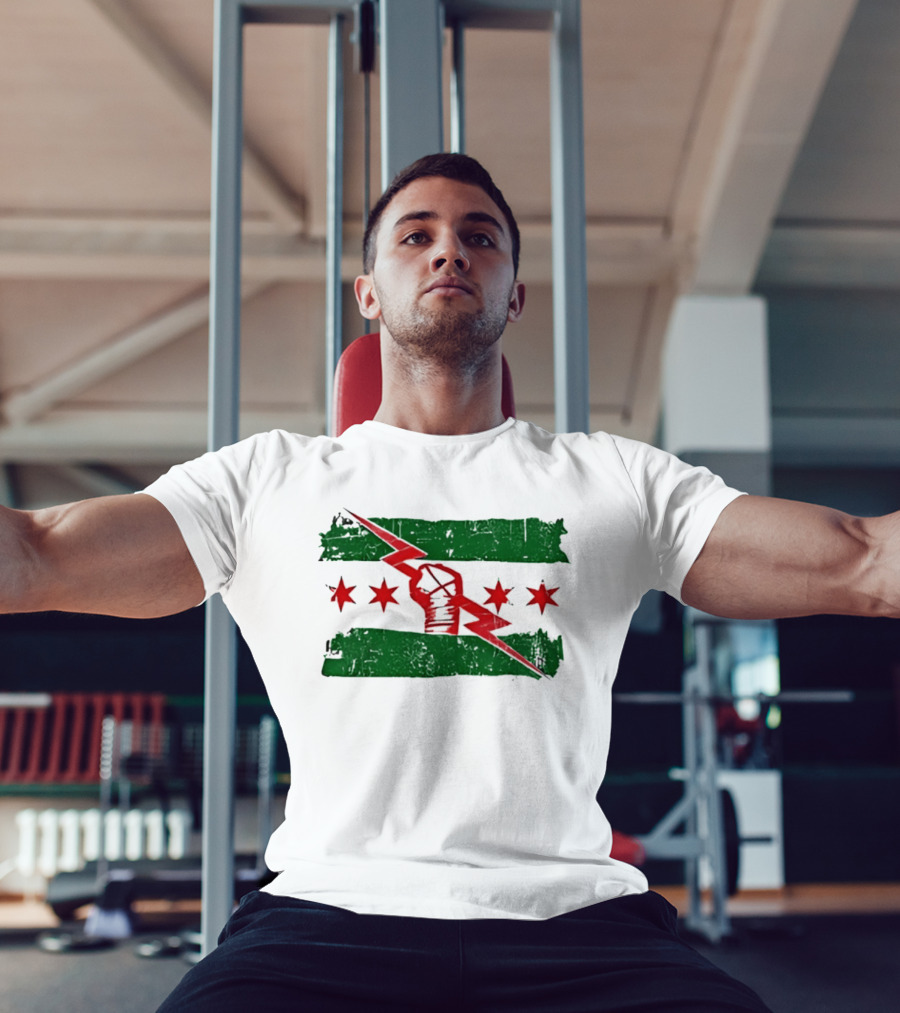 Chicago Flag Symbol Red Fist Lightning Bolt Green Distressed T-Shirt