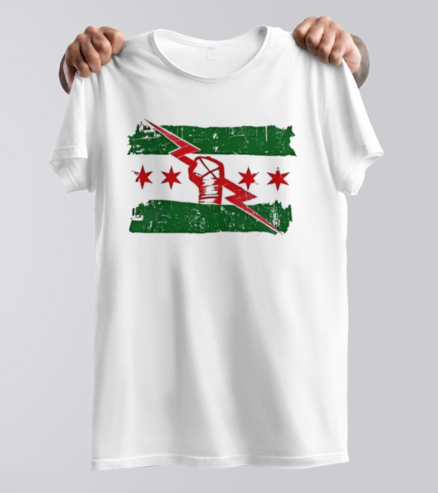 Chicago Flag Symbol Red Fist Lightning Bolt Green Distressed T-Shirt