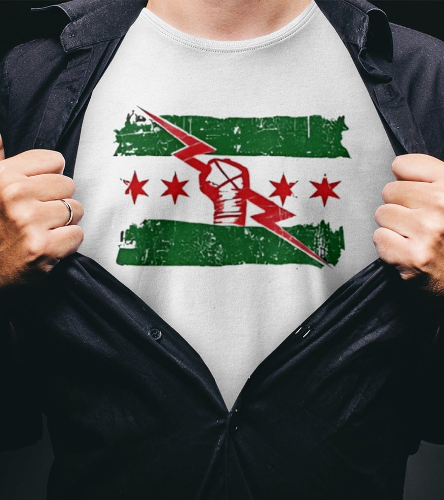 Chicago Flag Symbol Red Fist Lightning Bolt Green Distressed T-Shirt