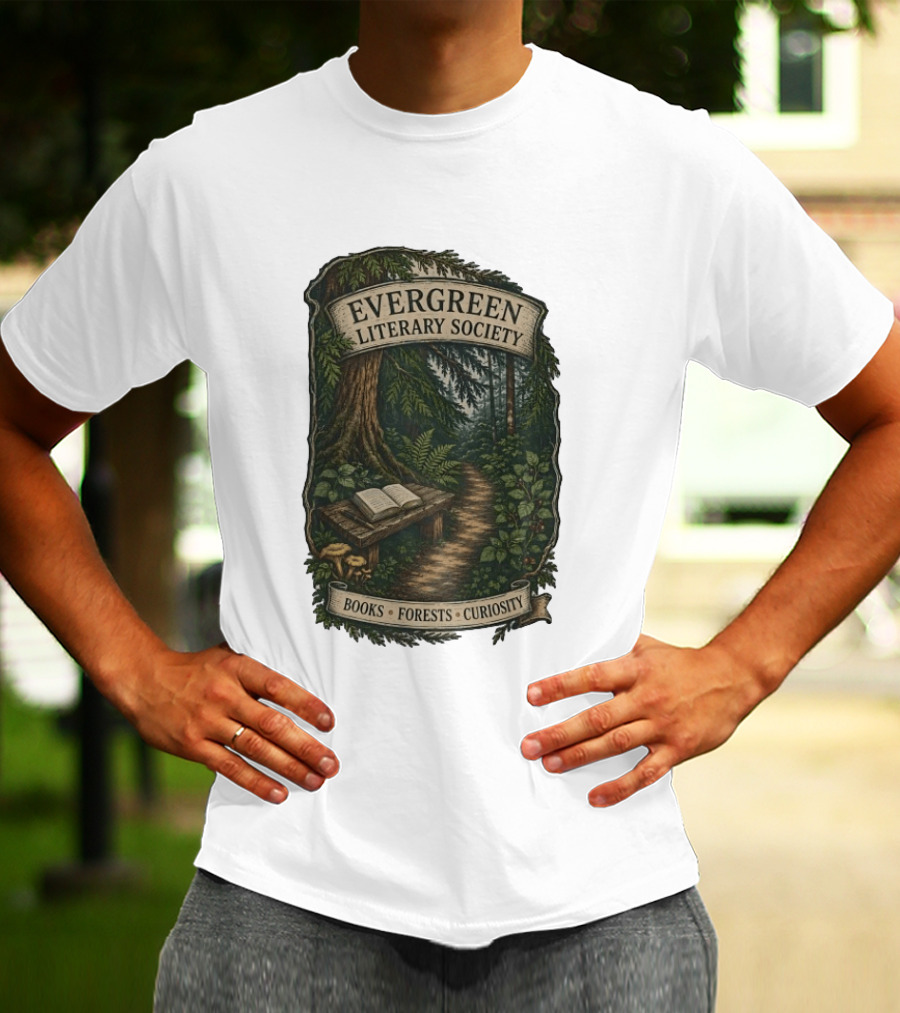 Evergreen Literary Society Books Forests Curiosity Pathway Through Trees T-Shirt