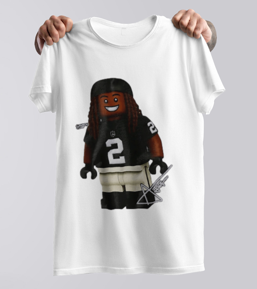 Las Vegas Raiders Running Back Ashton Jeanty 2 Lego Minifigure With Football Helmet T-Shirt
