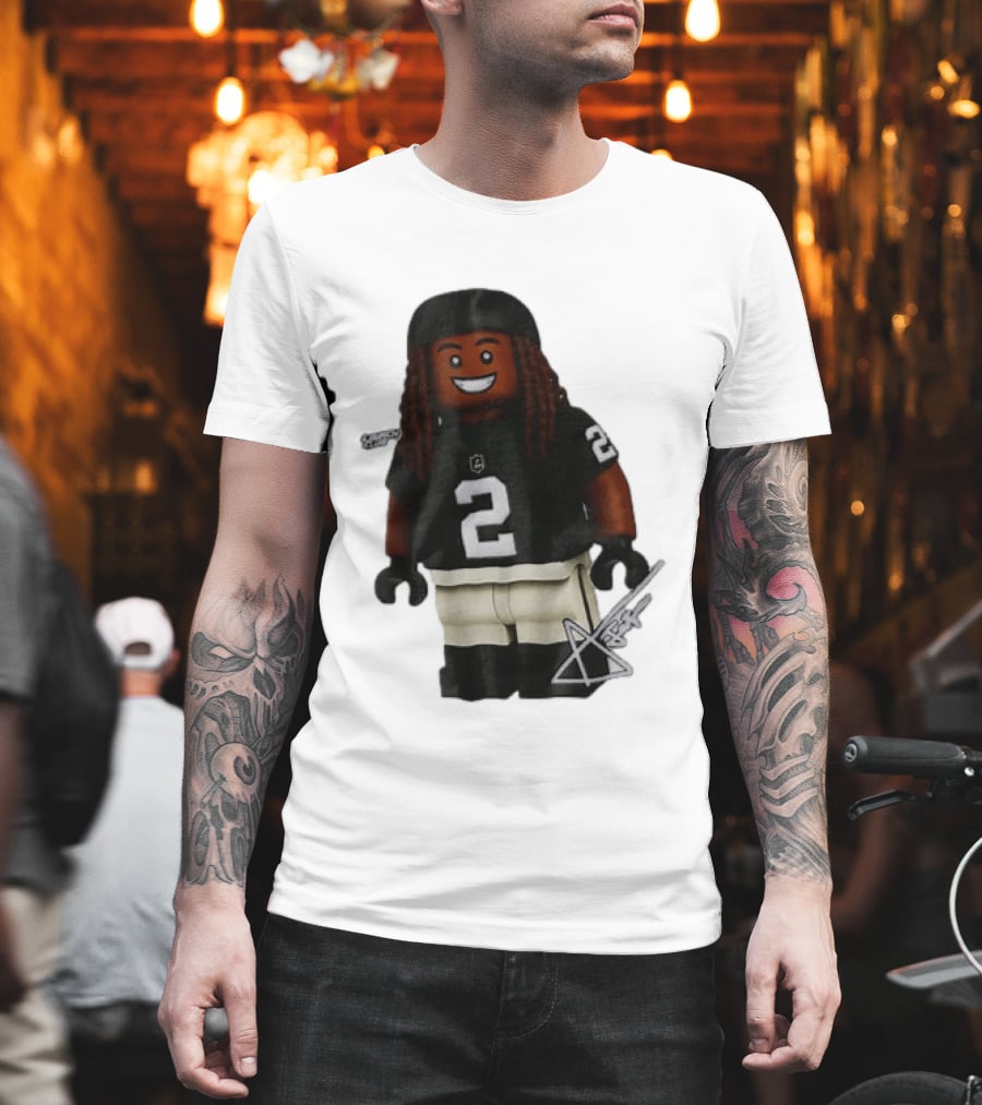 Las Vegas Raiders Running Back Ashton Jeanty 2 Lego Minifigure With Football Helmet T-Shirt