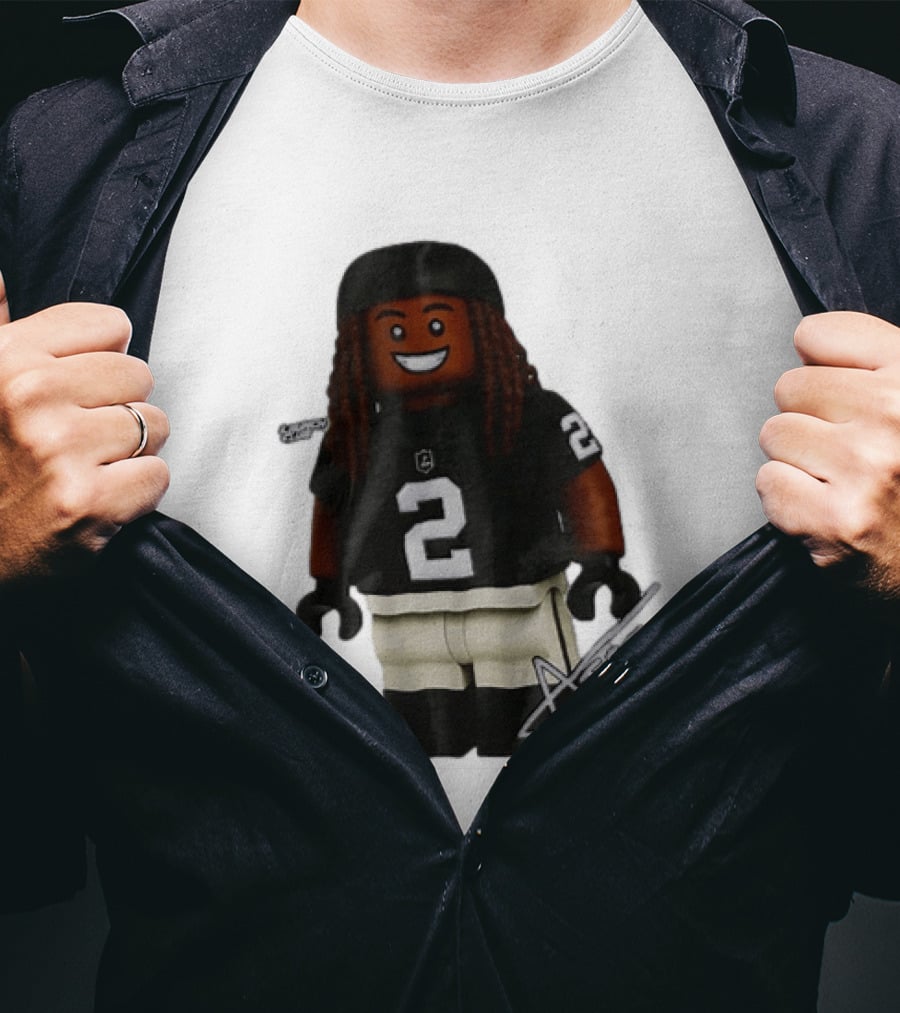 Las Vegas Raiders Running Back Ashton Jeanty 2 Lego Minifigure With Football Helmet T-Shirt